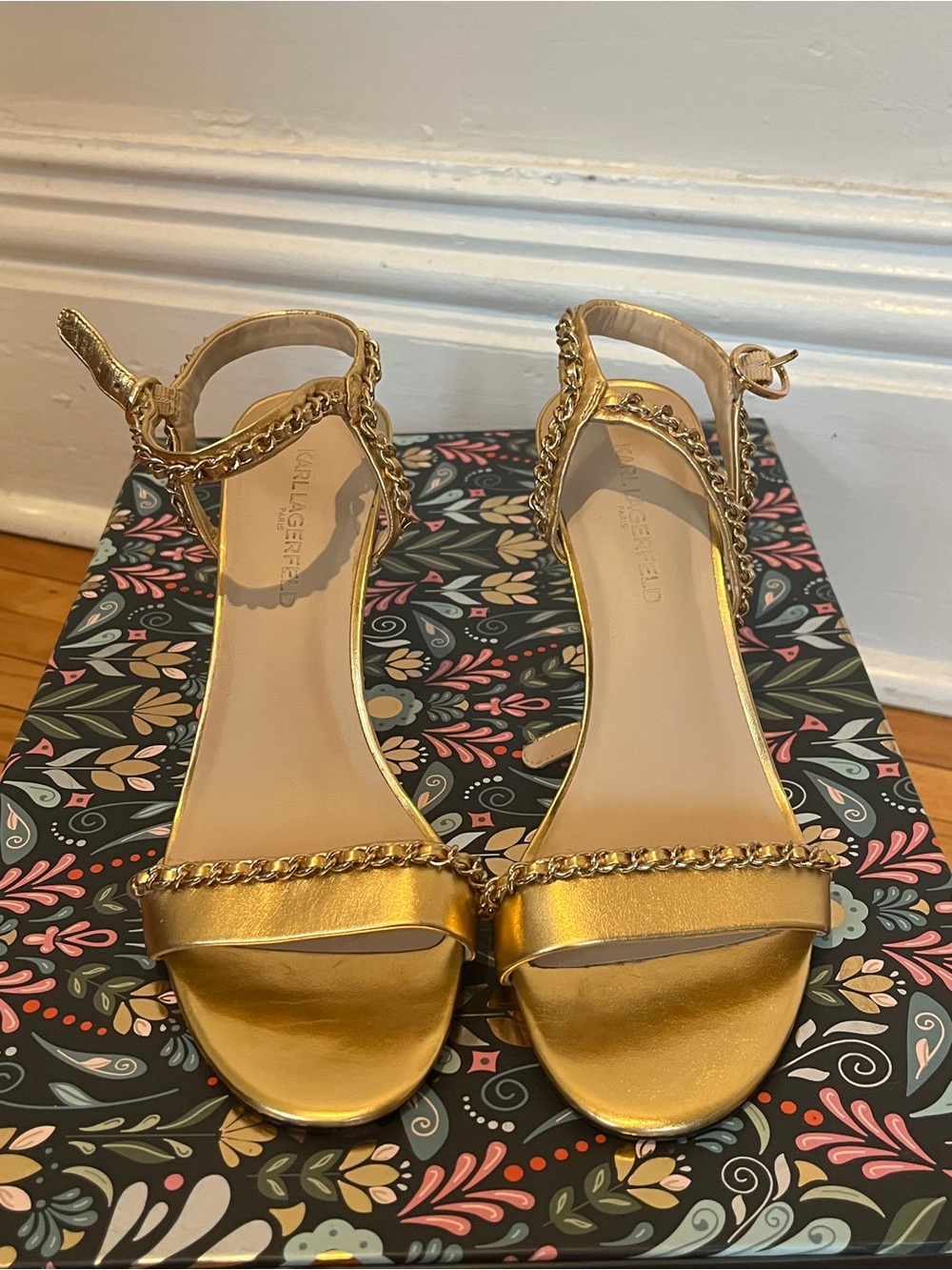 Karl Lagerfeld Gold Chain Ankle-Strap Heels
